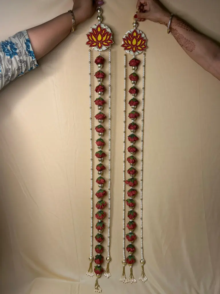 Divya Kamal Latkan – Red Lotus Pearl Hanging🌺Decorative hanging toran for Festival 🔥 decoration / Wooden Lotus Hangings for Ganpati , Diwali , Home Decor, Puja Decor, housewarming, backdrop, mandir
