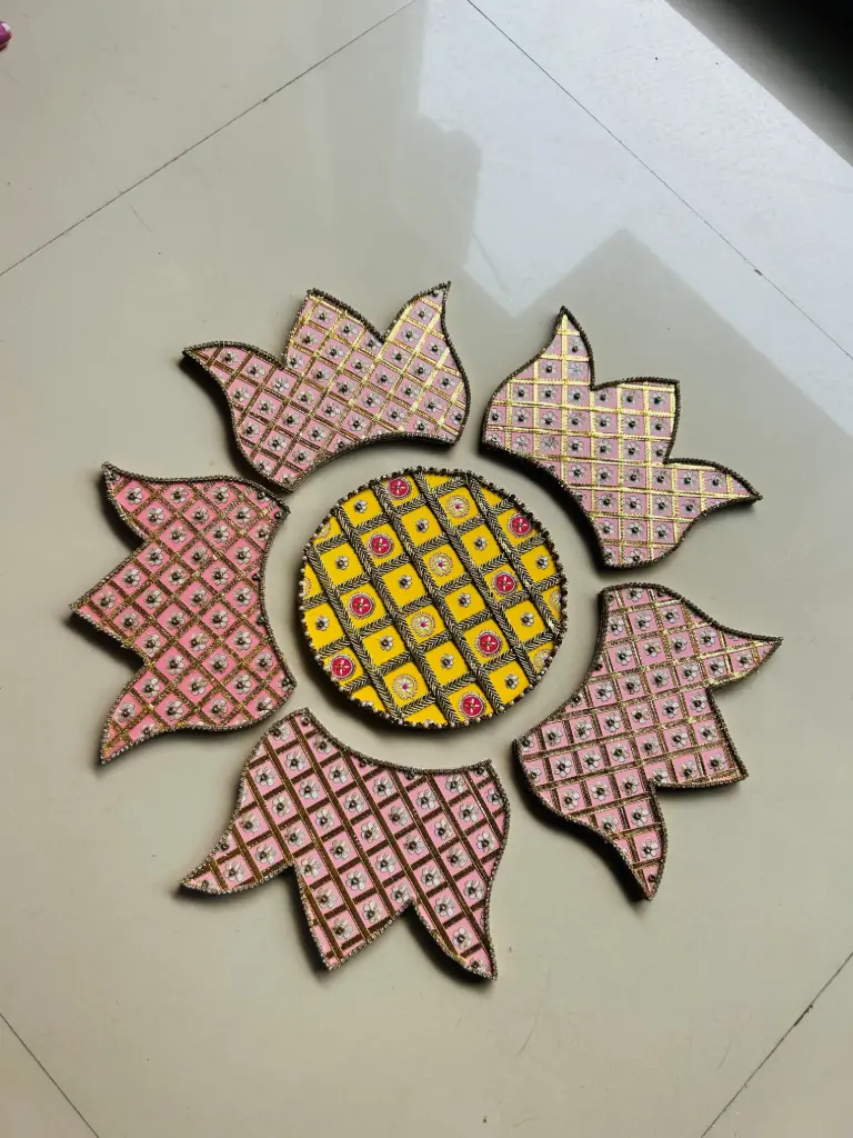 Lotus Bloom Rangoli Mat – Pink & Yellow Patchwork Elegance