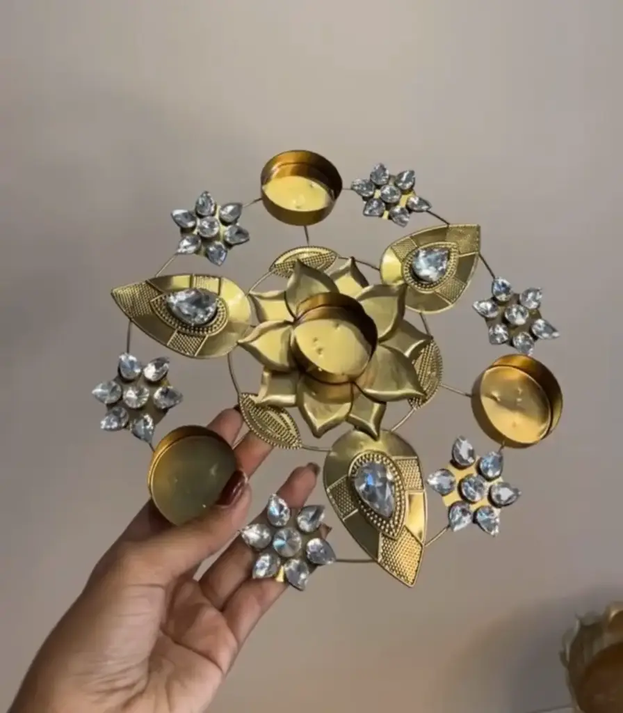 Golden Metal Lotus Diya Stand with Crystal Embellishments (5 Holders)