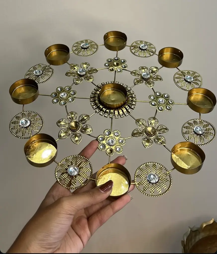 Grand Golden Floral Crystal Diya Stand (9 Holders)