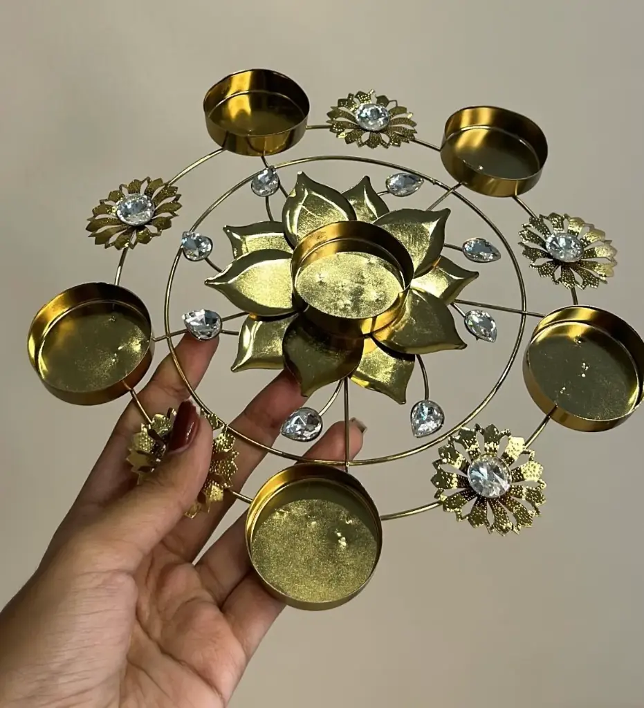 Golden Lotus Tealight Holder – 6 Cup Crystal Decor