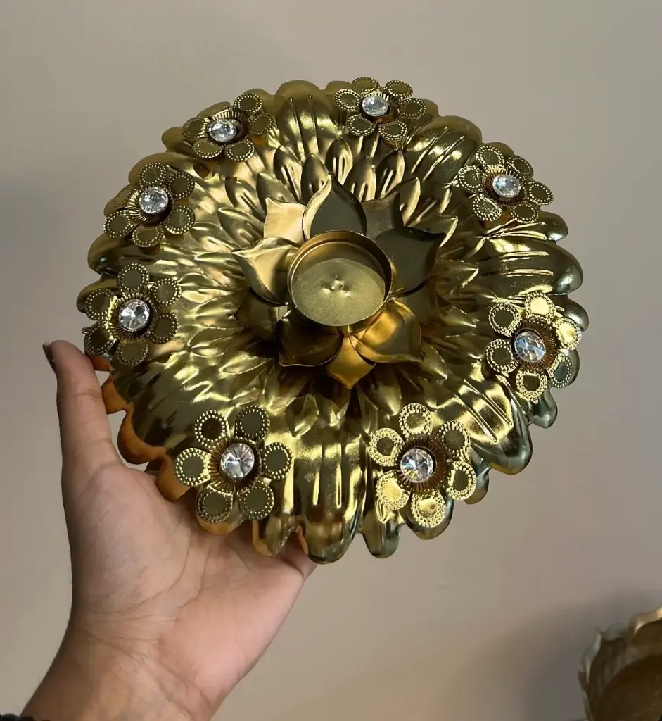 Floral Gold Lotus Tealight Holder with Crystal Embellishments