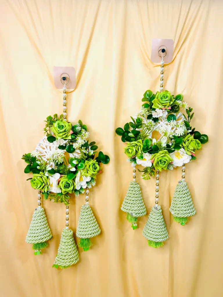 Green Blossom Pearl Tassel Hangings – Set of 2
