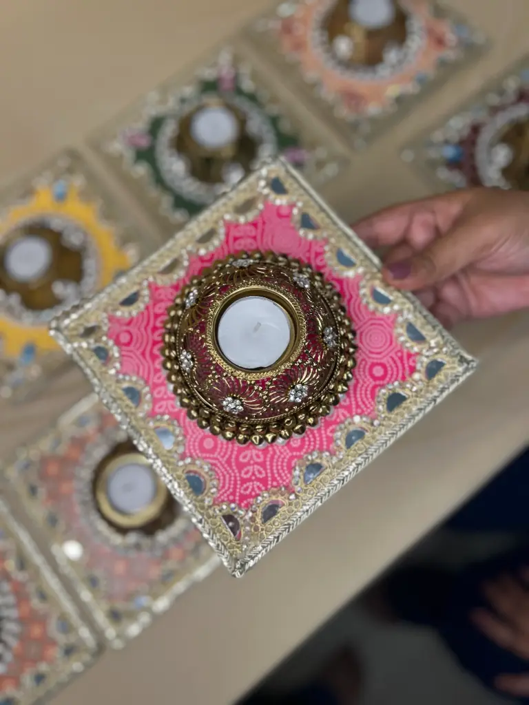 Embroidered Square Tealight Holder – Pink Elegance