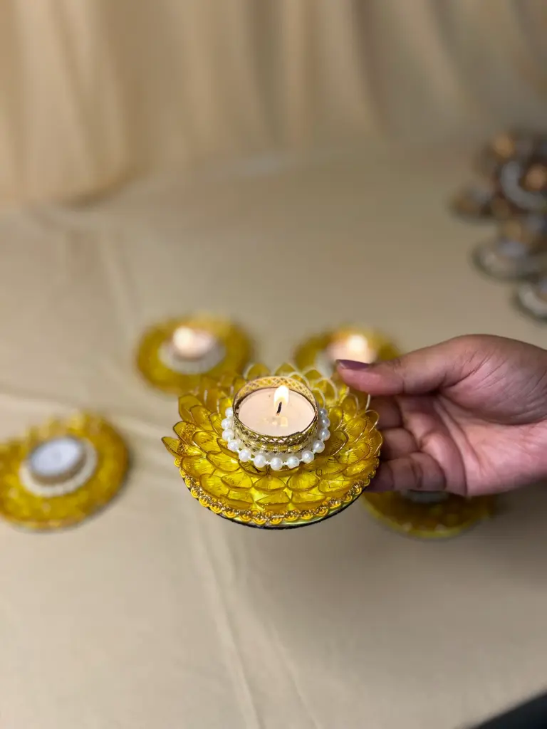 Golden Yellow Lotus Tealight Holder – Pearl Embellished