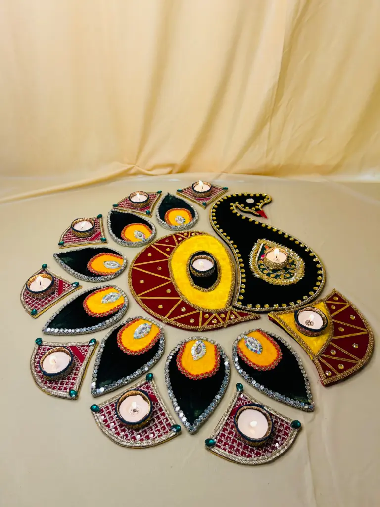 Regal Peacock Velvet Rangoli with Tealight Holders