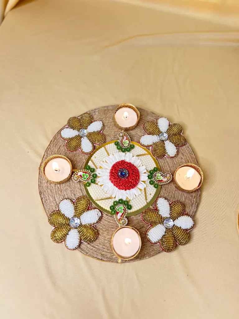 Floral Beaded Tealight Rangoli Mat – Multi-Color Round Base
