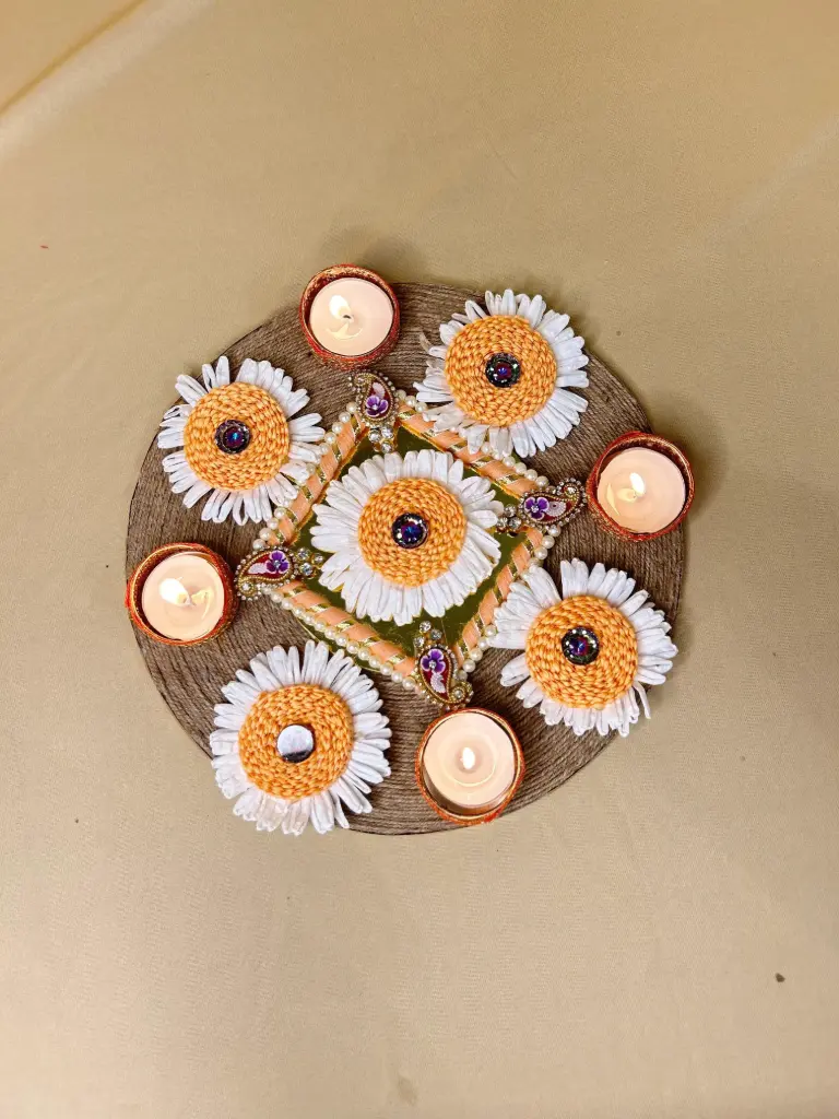 Daisy Delight Tealight Rangoli Mat – Handcrafted Floral Decor