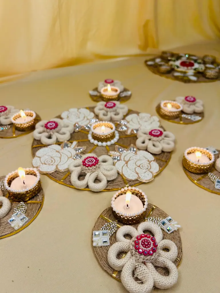 Pearl Blossom Jute Rangoli Set – Elegant Floral Tealight Decor
