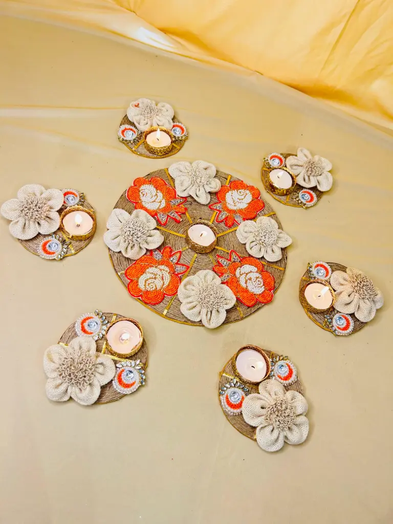 Sunset Bloom Jute Rangoli Set – Handcrafted Floral Tealight Decor