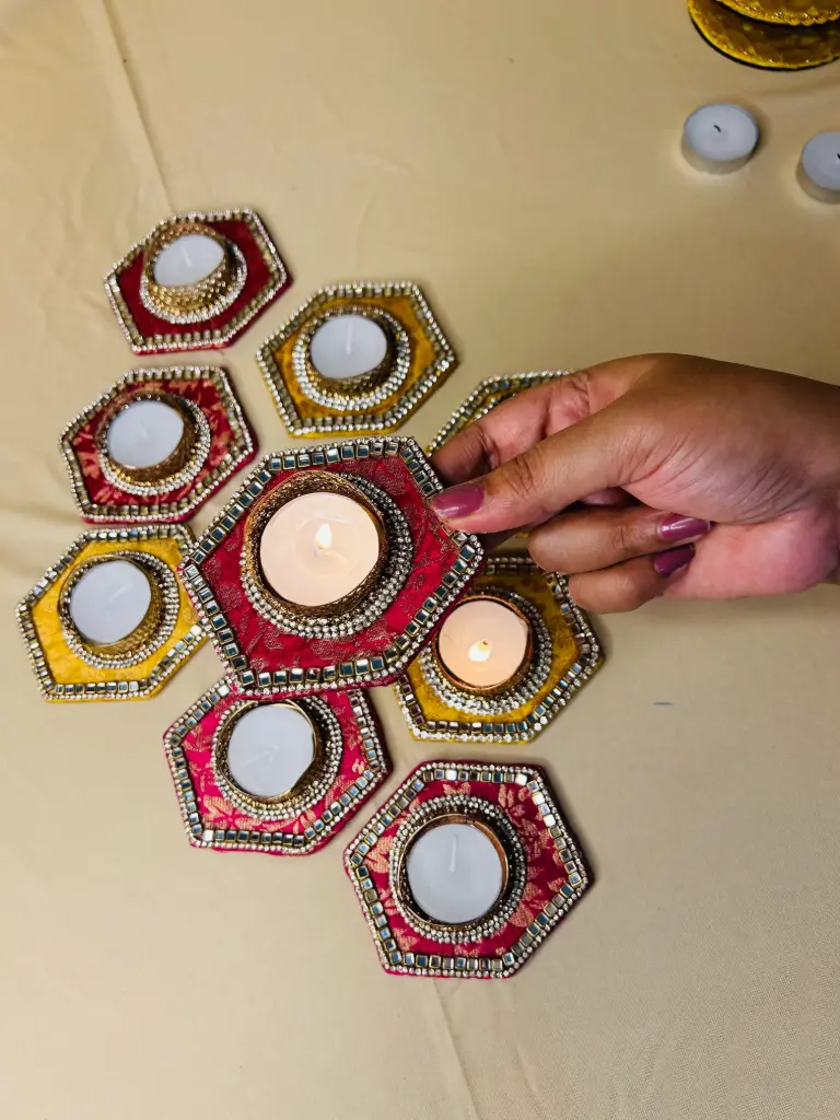Hexagon Velvet Tealight Holder – Kundan & Mirror Work-Pair of 2