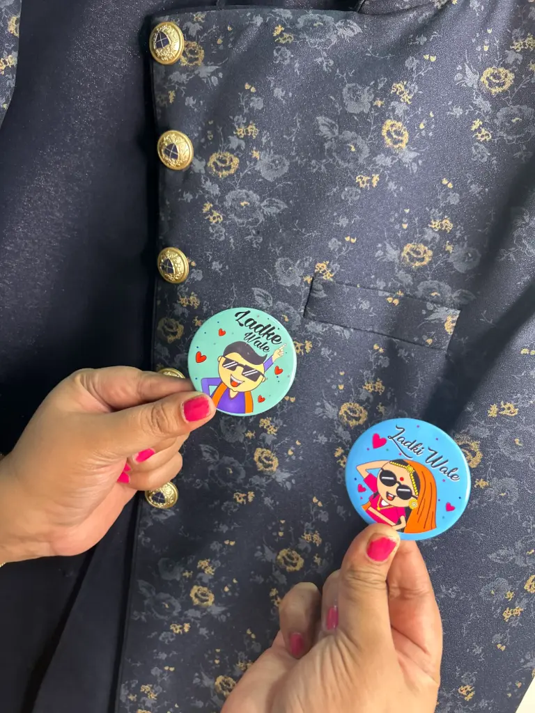 Shaadi Squad Swag Badges – Ladke Wale & Ladki Wale Wedding Pin Set 😎💍(Set of 25)