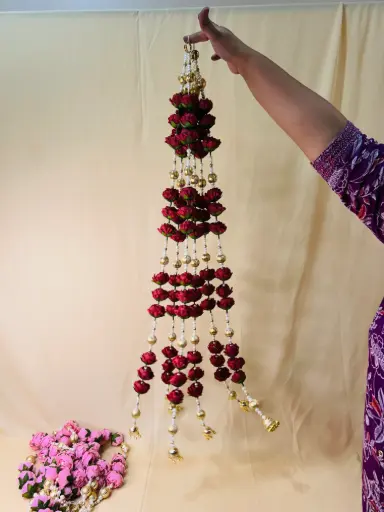 🌹 Rajshahi Pushp Latkan – Red Lotus Bunch Hanging with Pearls & Bells for Festival decoration-Pair of 2