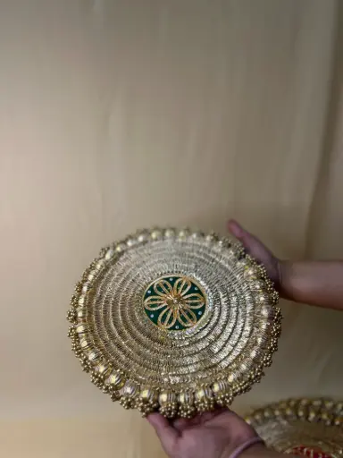 Kanak Mandala Patola Mat/Pooja Thaal – Handcrafted Golden Decorative Mat with Beaded Detailing