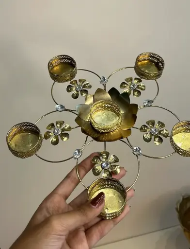 Golden Metal Lotus Diya Stand with 5 Holders