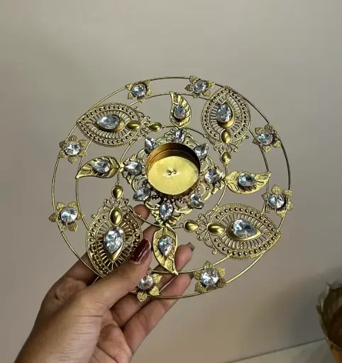Ornate Golden Crystal Diya Holder (Single Tea Light Stand)