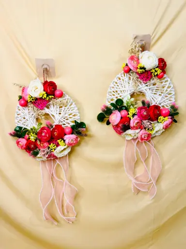Boho Floral Hoop Wall Hanging Set – Pink & White Elegance